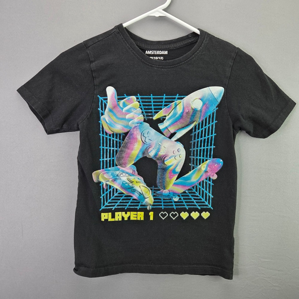 Amsterdam Graphic Tee Kids M 10/12 Black Player 1 Gamer Controller Shirt
